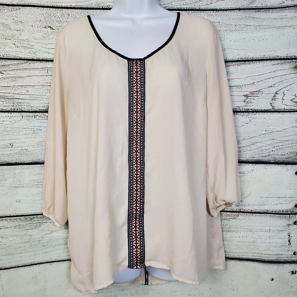 Maurices Women’s Boho Embroidered Peasant Blouse Size L Beige Long Sleeve Lightw